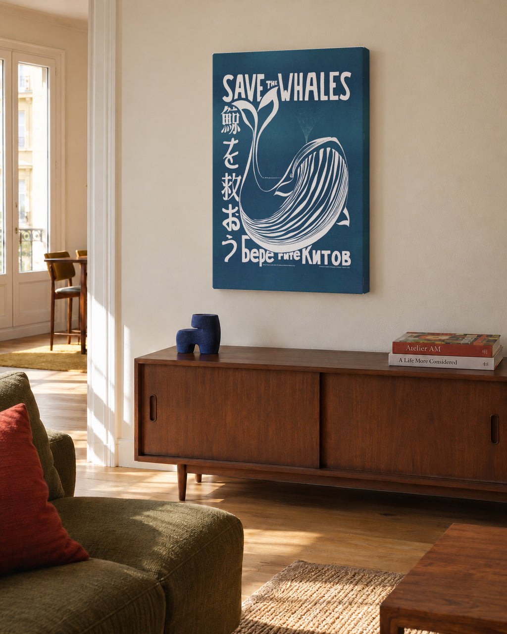 Save the whales (1973) vintage poster by Vint Lawrence - Unframed canvas in an interior