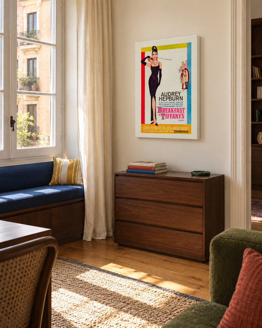Audrey Hepburn Breakfast at Tiffanys 1961 film poster - Unframed canvas in an interior