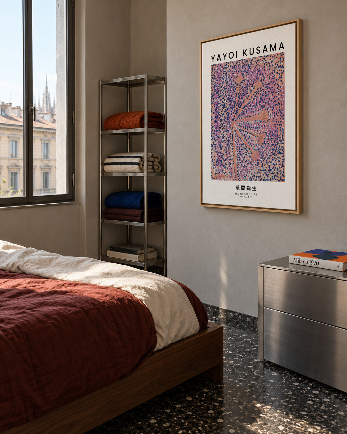 Yayoi Kusama End Of The Fields exhibition poster - Framed canvas in an interior