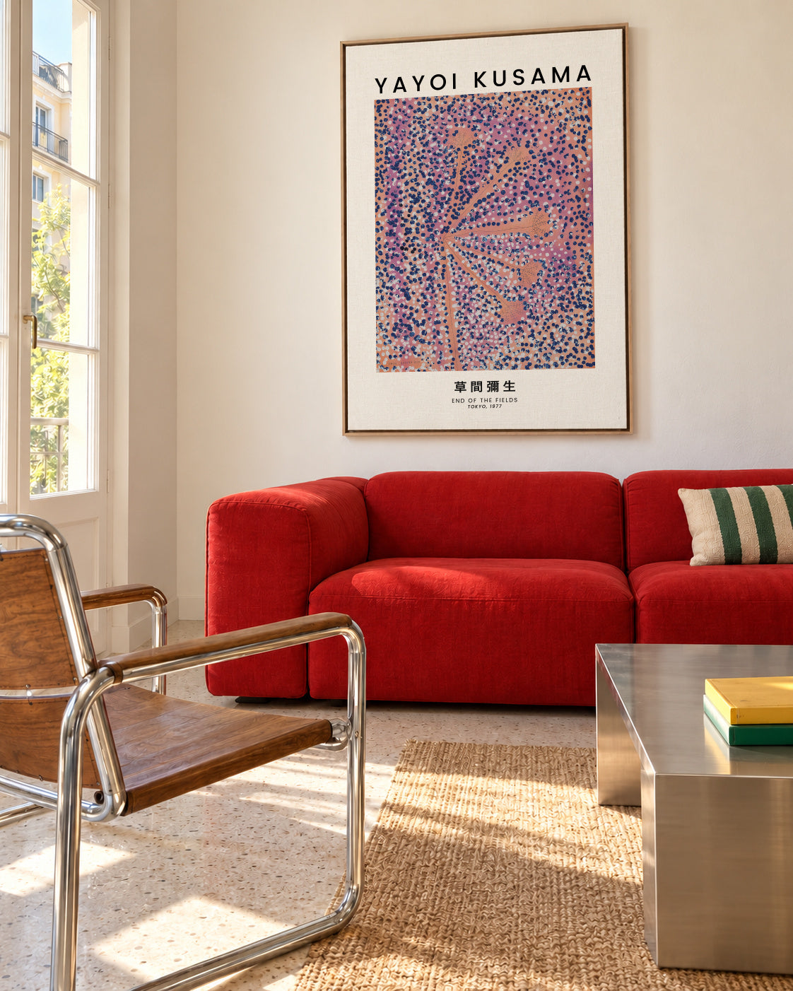 Yayoi Kusama End Of The Fields exhibition poster - Framed canvas in an interior