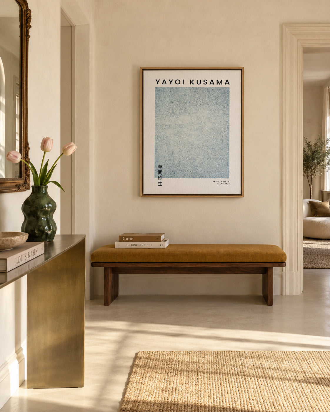Yayoi Kusama Infinity Nets exhibition poster - Framed canvas in an interior