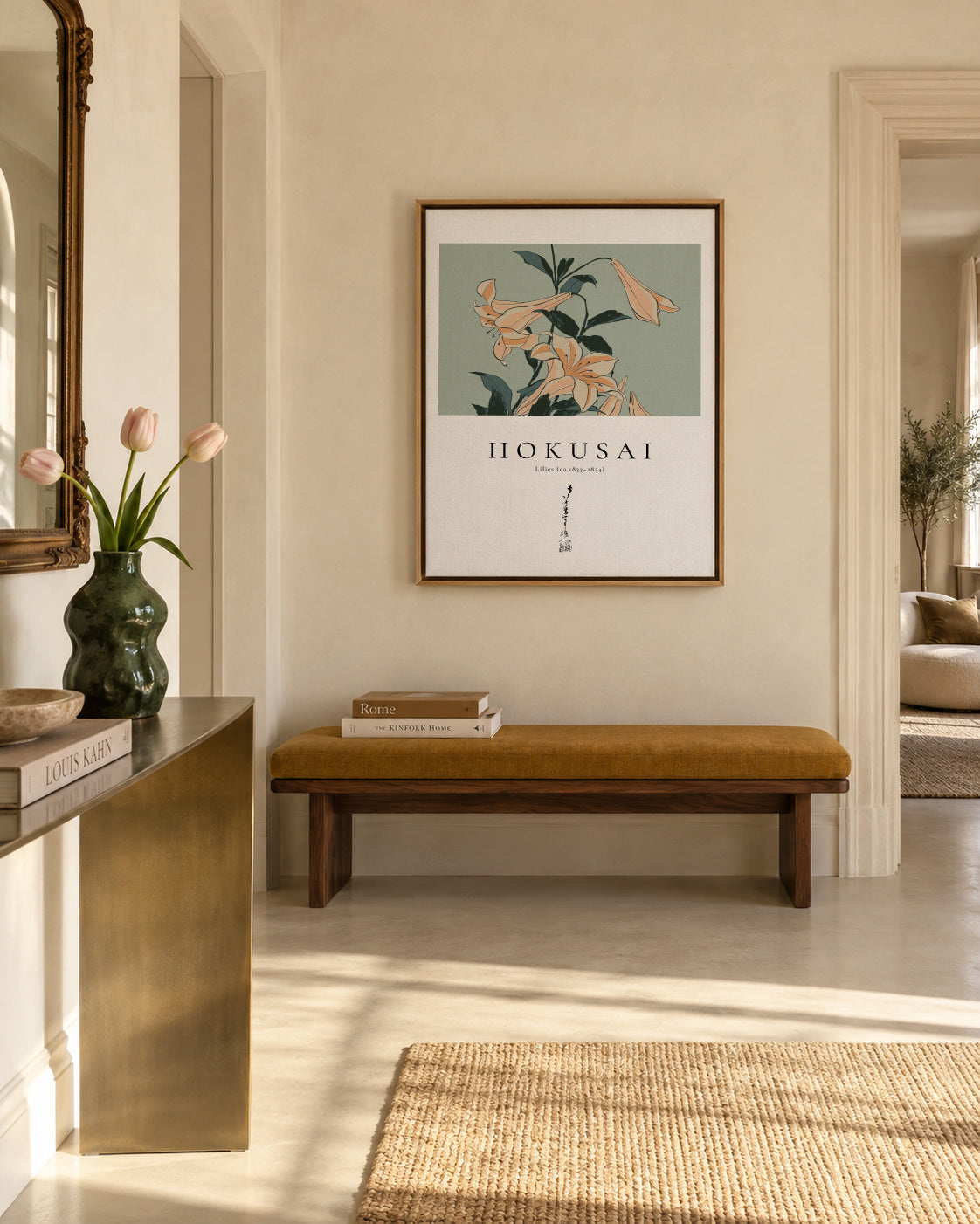 lilies by Katsushika Hokusai - Framed canvas in an interior