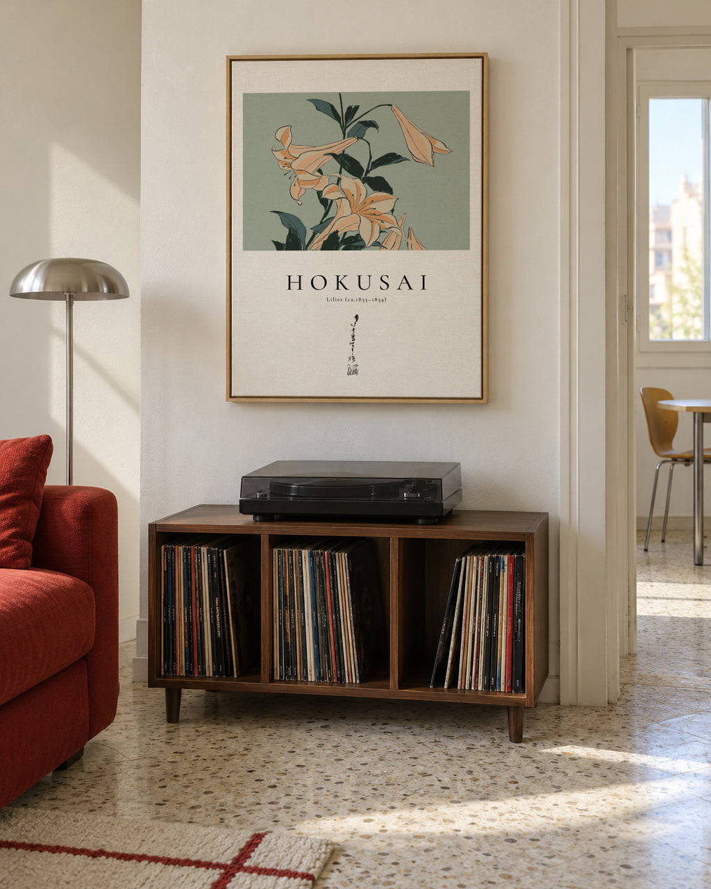 lilies by Katsushika Hokusai - Framed canvas in an interior