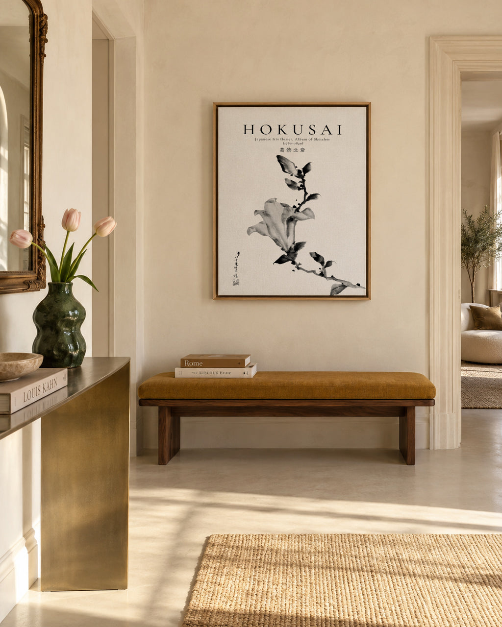 Japanese Iris flower by Katsushika Hokusai - Framed canvas in an interior