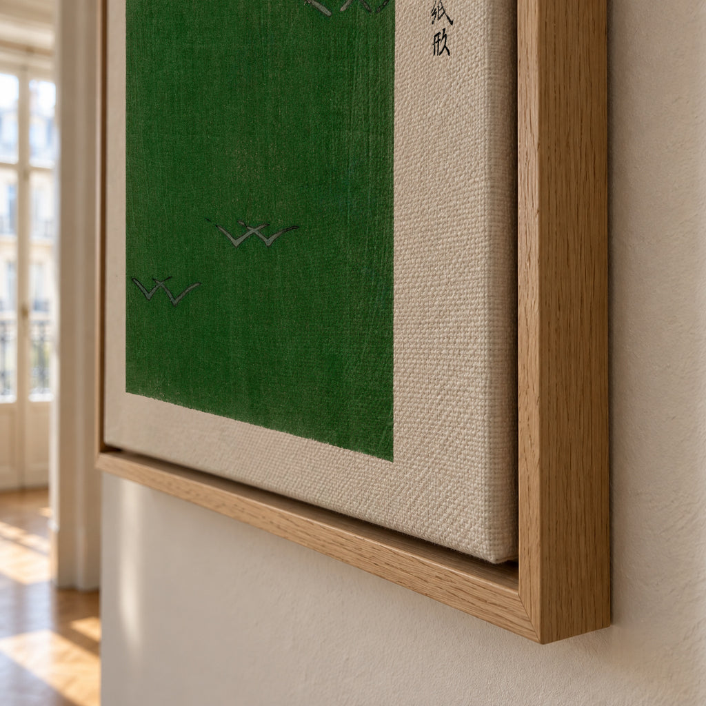 Green Birds Woodblock print from Yatsuo no tsubaki by Taguchi Tomoki - Framed canvas detail