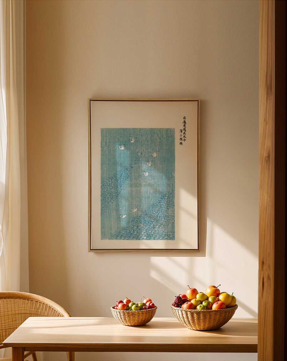 Blue Birds Woodblock print from Yatsuo no tsubaki by Taguchi Tomoki - Framed canvas in an interior