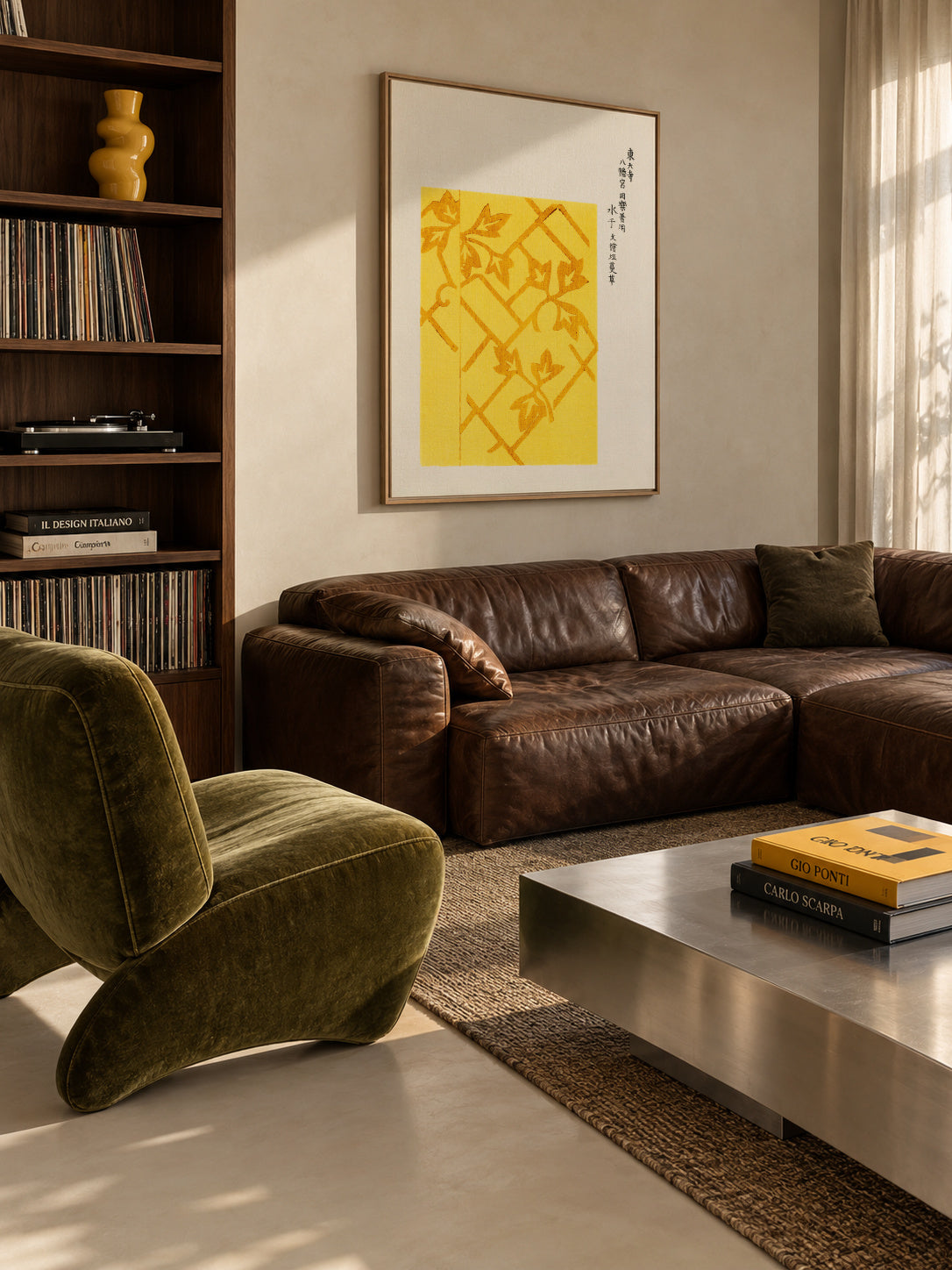 Yellow Woodblock print from Yatsuo no tsubaki by Taguchi Tomoki - Framed canvas in an interior