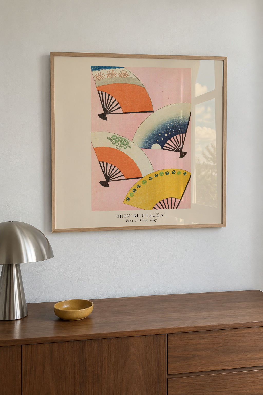 Shin-Bijutsukai - Fans on pink - Square - Framed poster in an interior