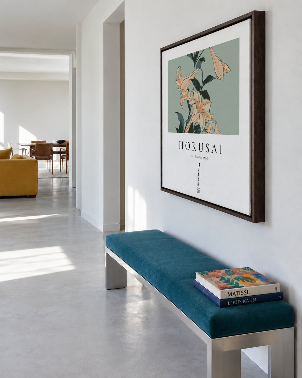 lilies by Katsushika Hokusai - Square - Framed canvas in an interior