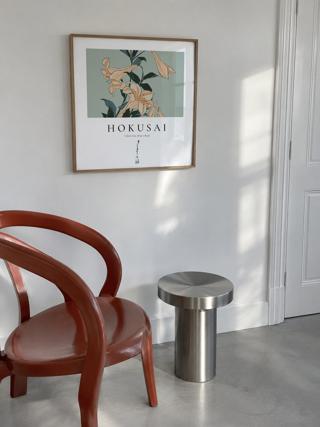 lilies by Katsushika Hokusai - Square - Framed poster in an interior