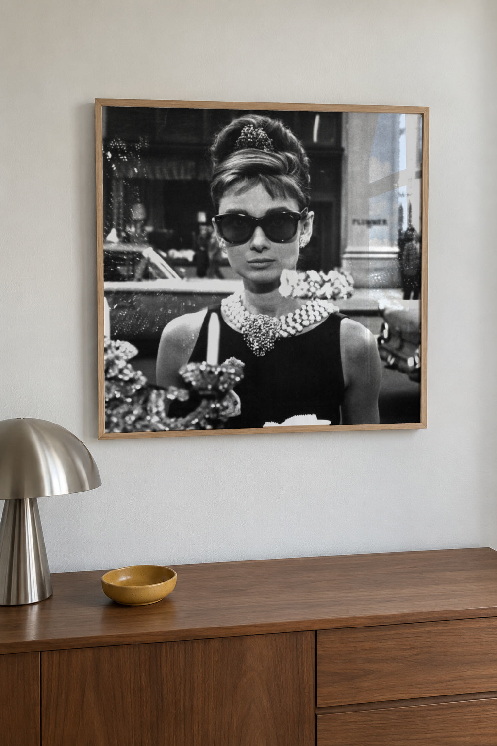 Audrey Hepburn in Breakfast at Tiffany vintage photograph. - Square - Framed poster in an interior