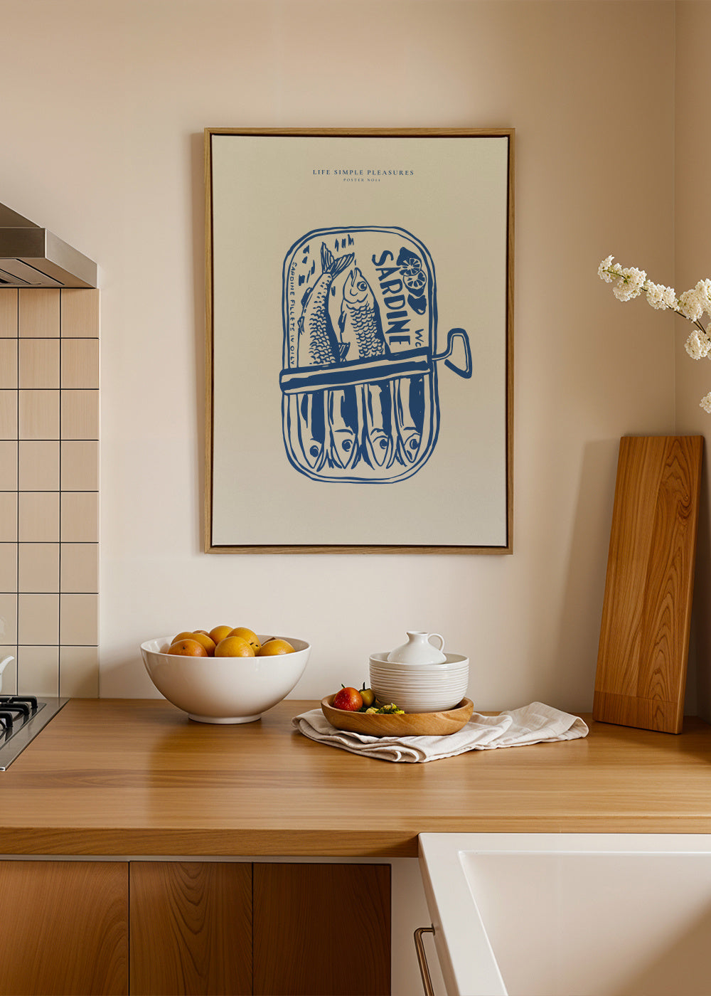Life Simple simple pleasures - Sardines - Framed canvas in an interior