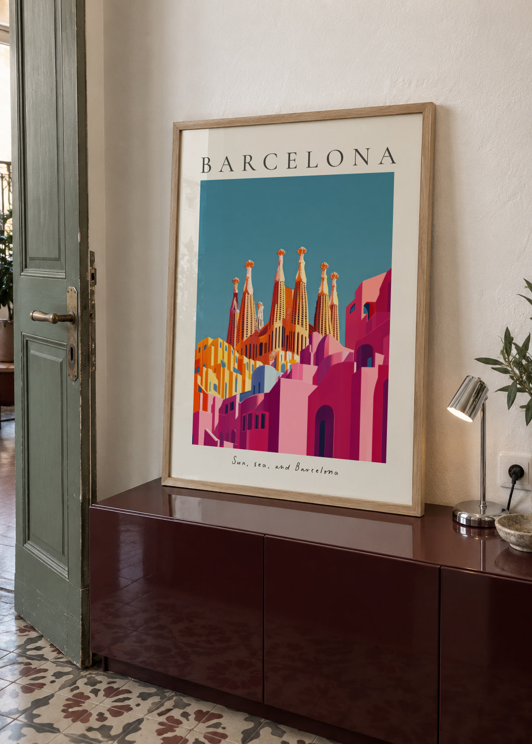 Sun, Sea and Barcelona - Framed poster in an interior