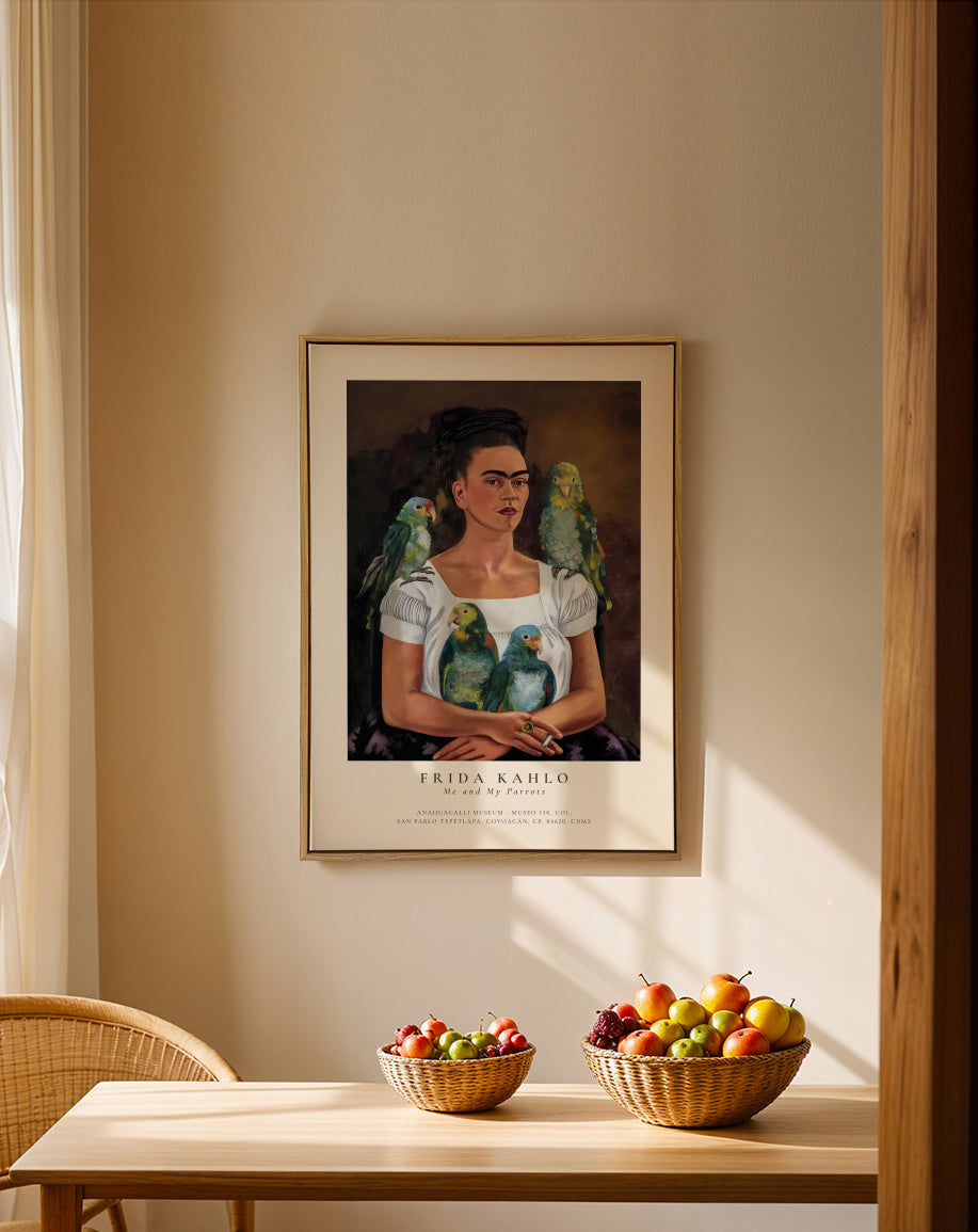 Frida Kahlo, Me and My Parrots - Framed canvas in an interior