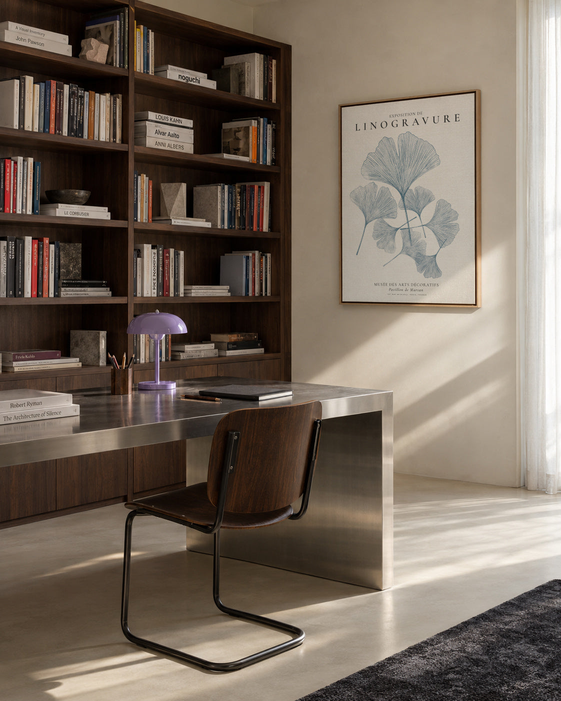 Exposition de linogravure, Ginkgo leaves - Framed canvas in an interior