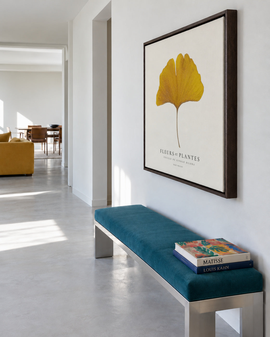 Botanical, Fleurs et plantes -Ginkgo biloba leaf - SQUARE - Framed canvas in an interior