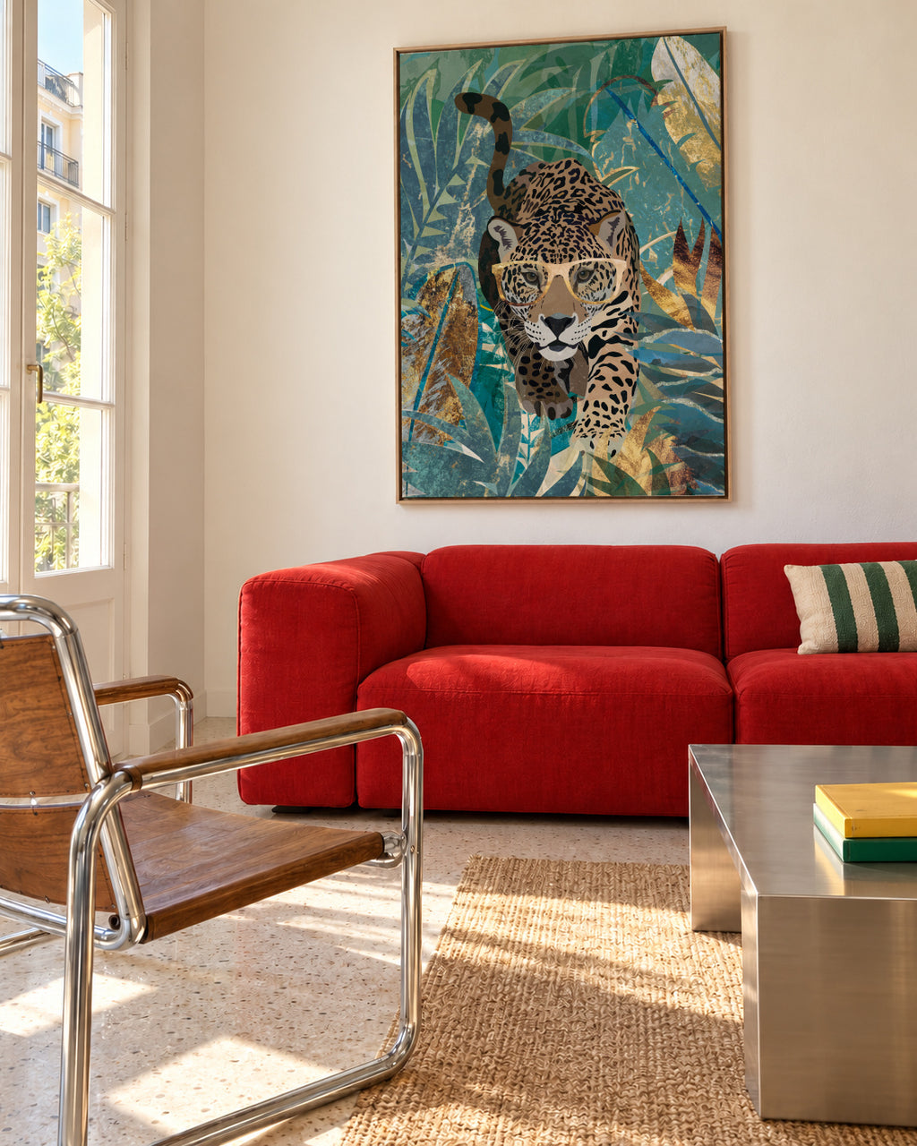 Curious jaguar in the jungle - Framed canvas in an interior
