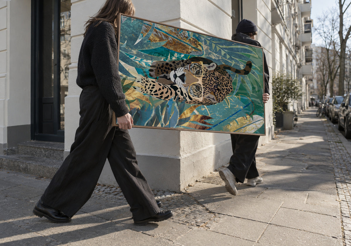 Curious jaguar in the jungle - Framed canvas in an interior