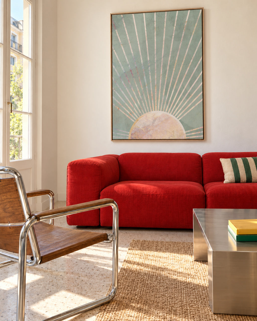 Sage green Boho Sunrise 1 - Framed canvas in an interior