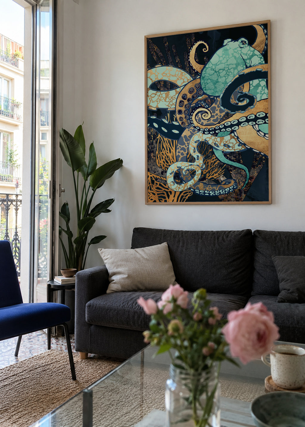Metallic Octopus II - Framed poster in an interior