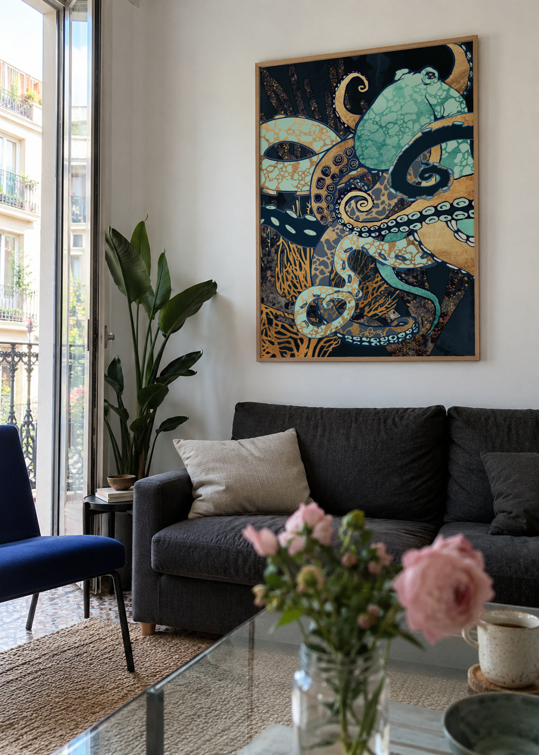 Metallic Octopus II - Framed poster in an interior