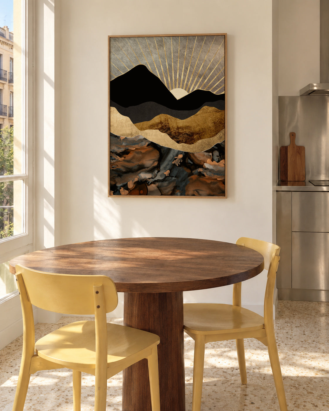 Copper and Gold Mountains - Framed canvas in an interior