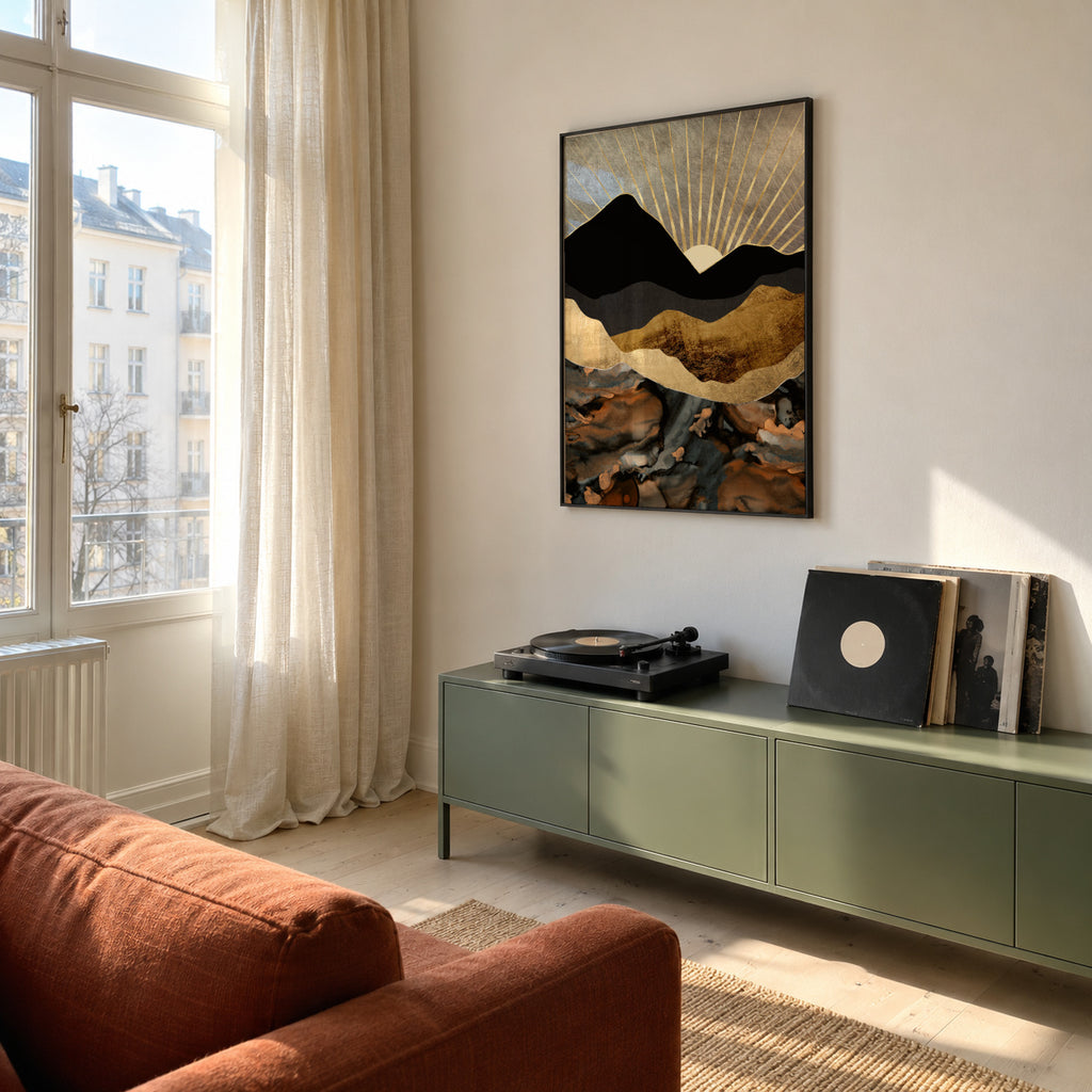 Copper and Gold Mountains - Framed poster in an interior