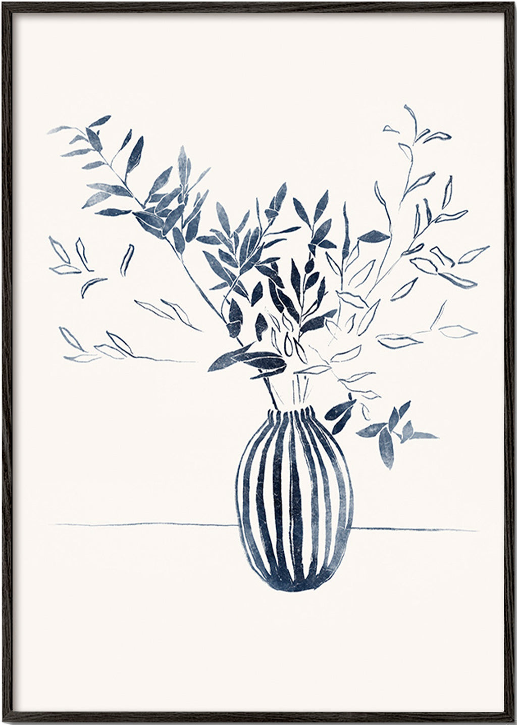 Lámina botánica: ramas azules en jarrón – Black Frame