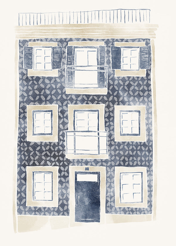 Ilustración de fachada con azulejos y balcones