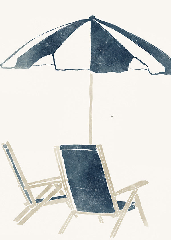 Cuadro de paisaje con sombrilla y hamacas