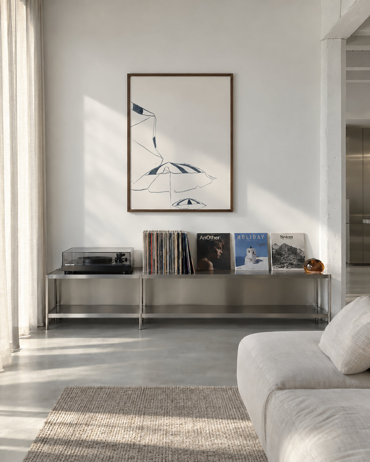 Blue Umbrellas - Framed poster in an interior