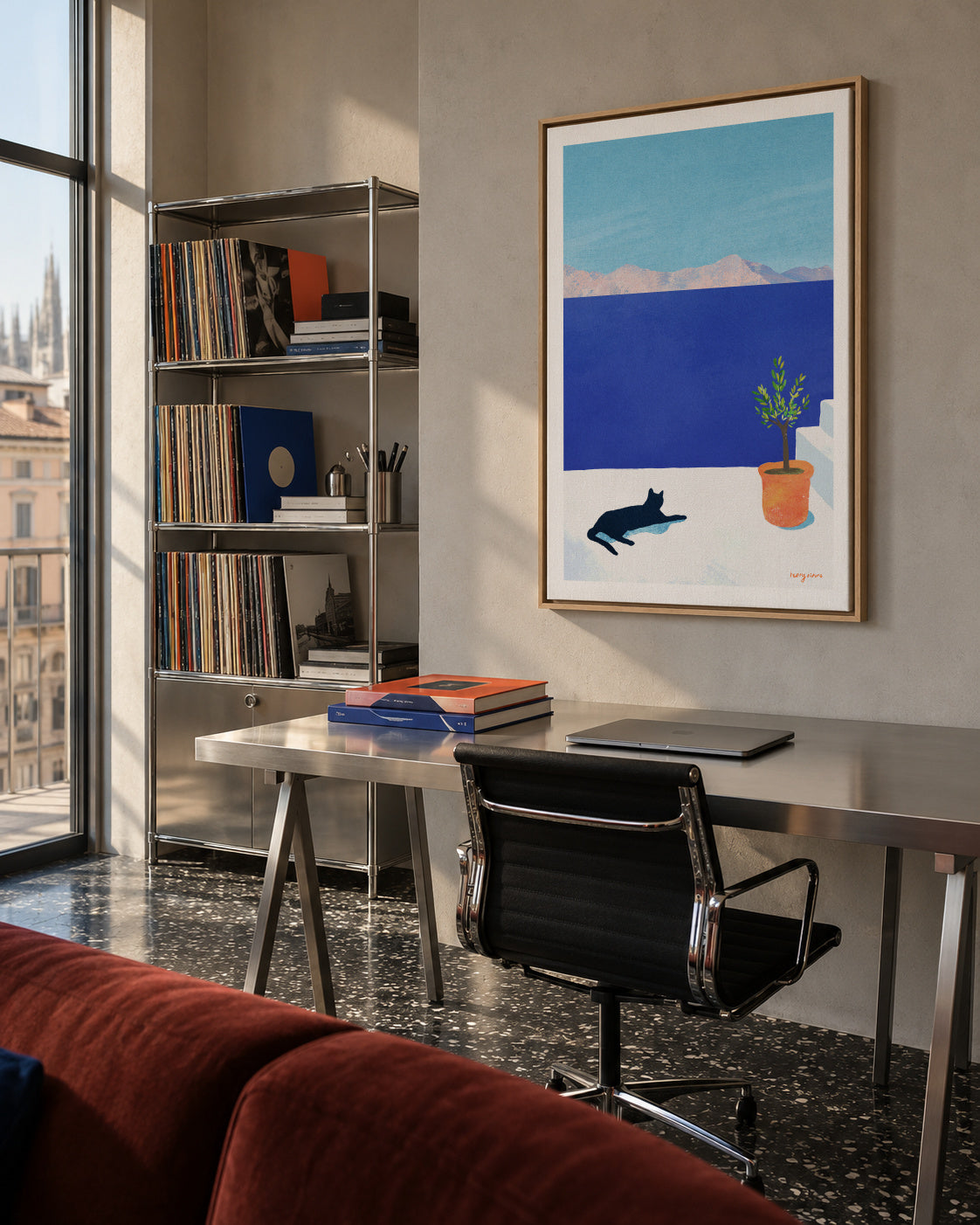 Black cat - siesta on the roof - Framed canvas in an interior