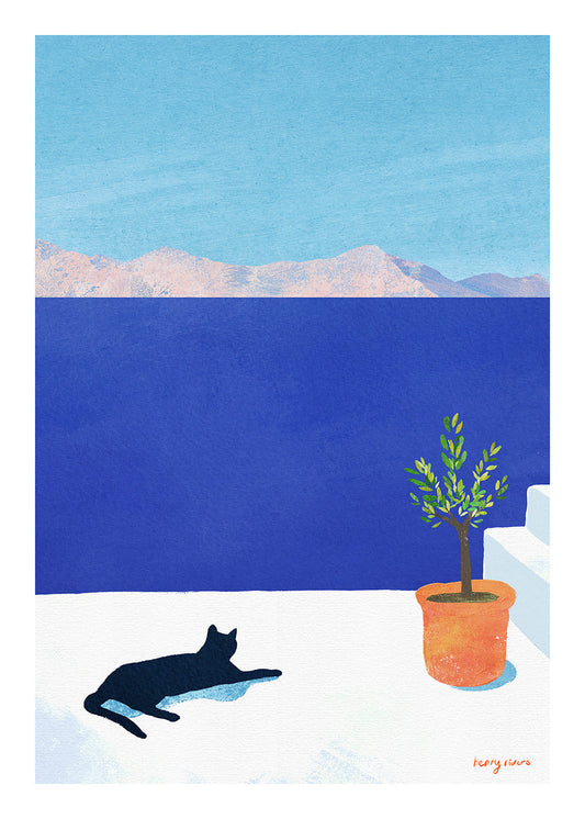 Landscape art Black cat - siesta on the roof