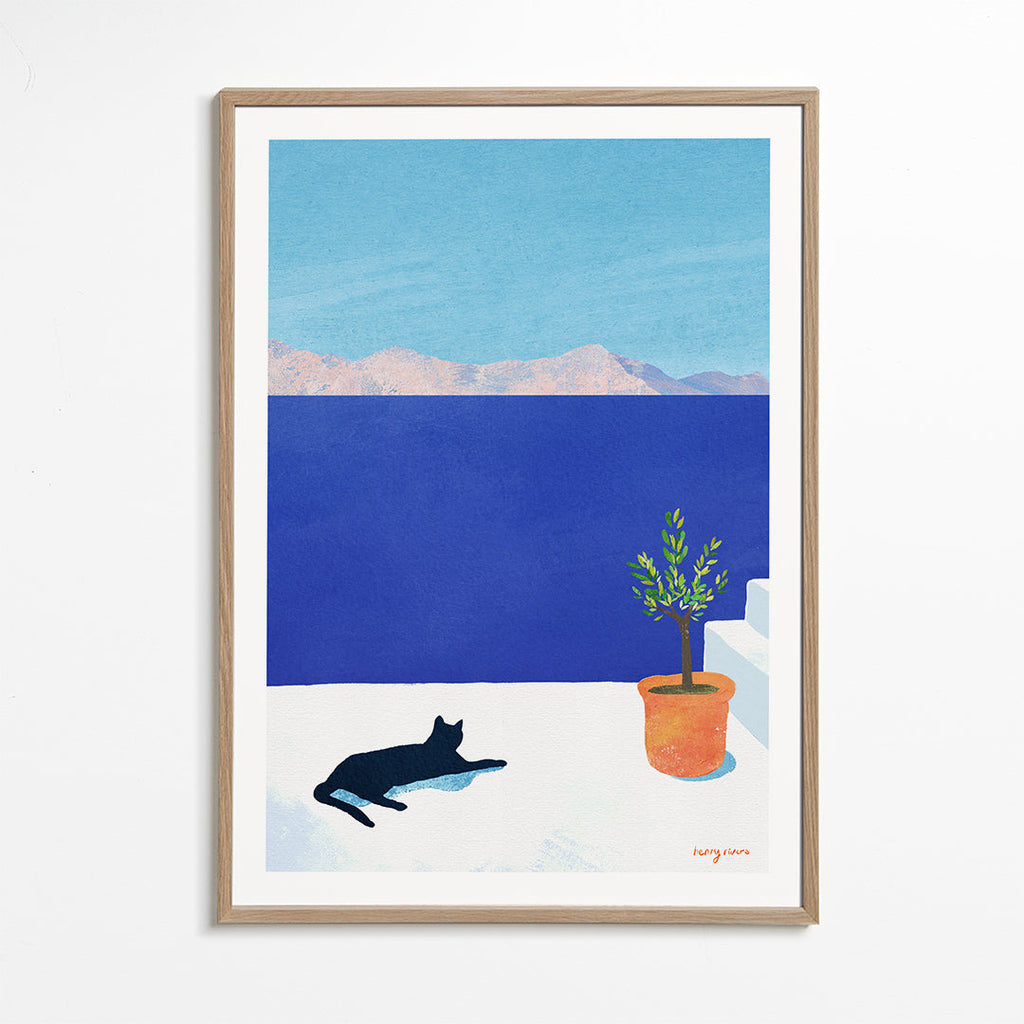 Landscape art Black cat - siesta on the roof