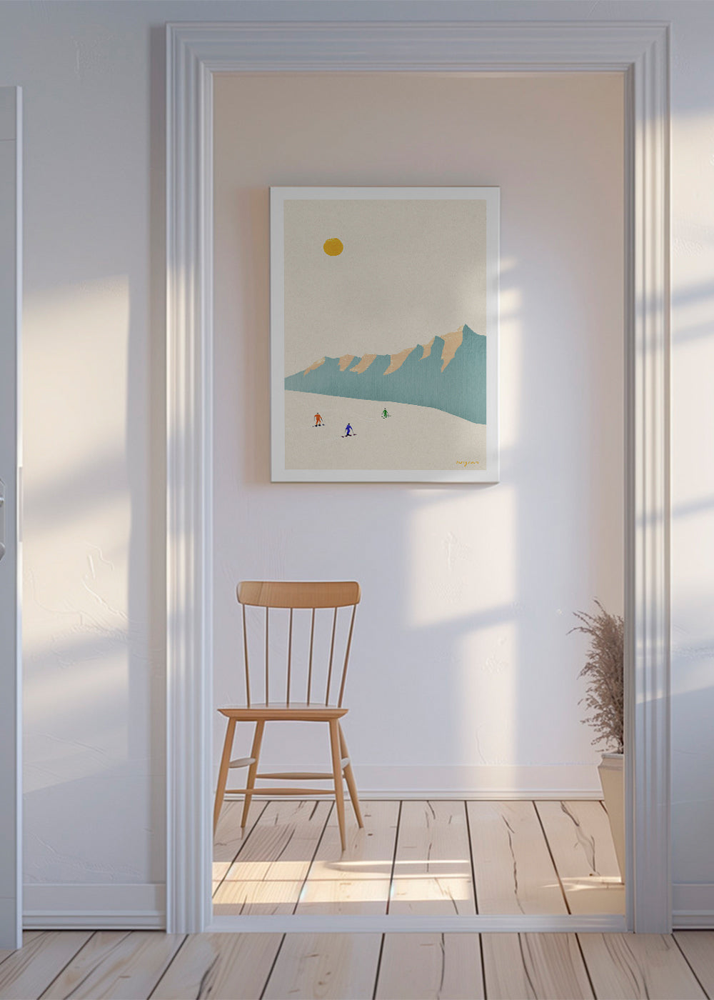 Landscape art Happy skiers