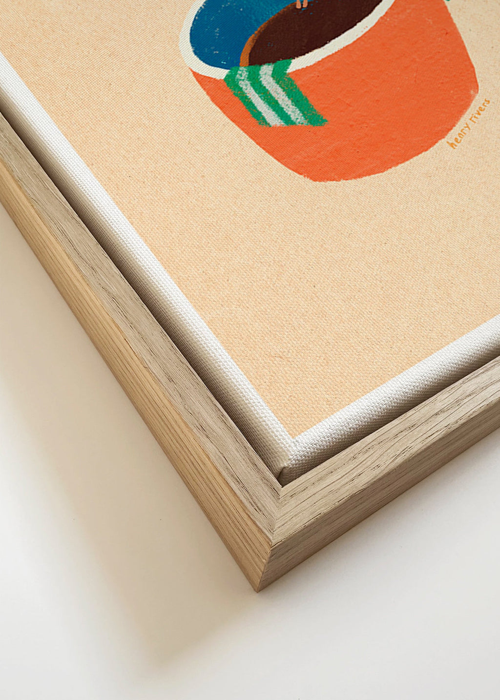 Kitchen art featuring an illustrated coffee cup and figure – Canvas detail