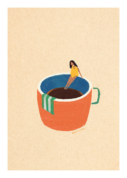 Kitchen art featuring an illustrated coffee cup and figure