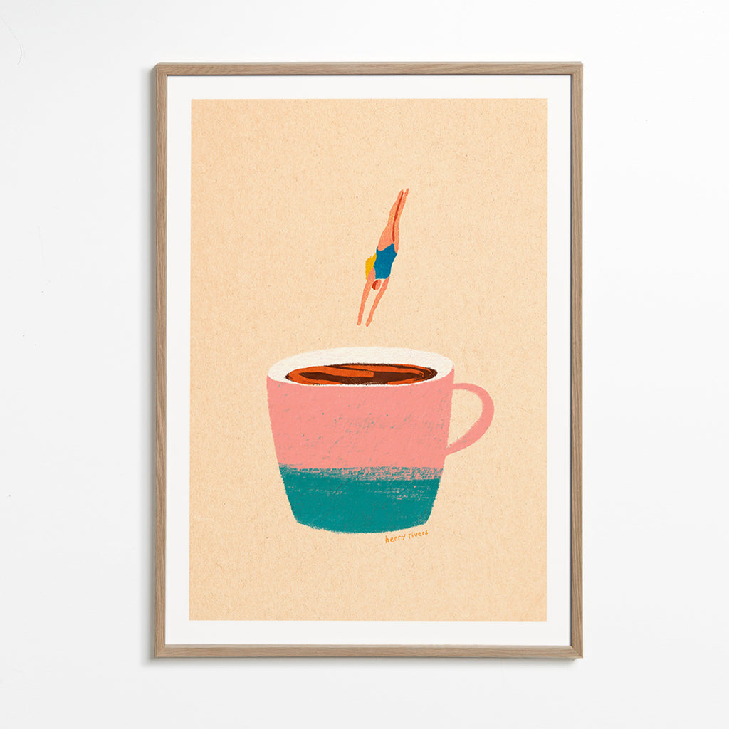 Kitchen art: pink cup with diver – Oak Frame