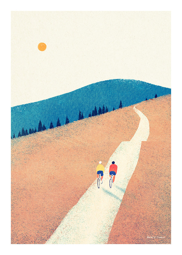 Sports art with two cyclists on a sunlit path