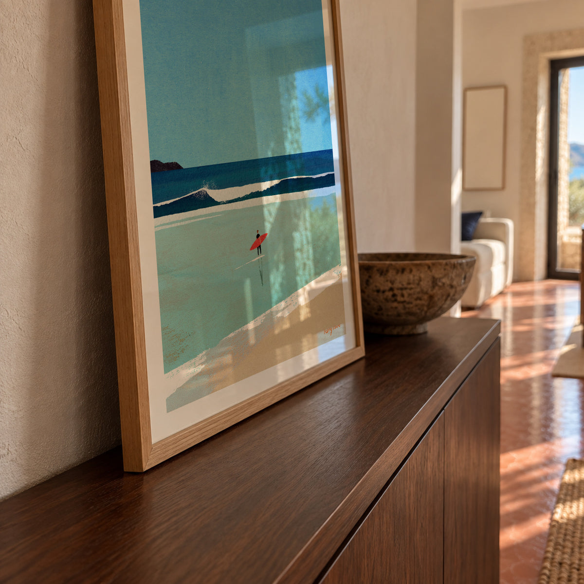 Morning surf - Framed poster in an interior