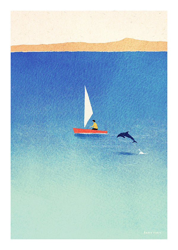 Artwork with dolphin and sailboat on blue sea