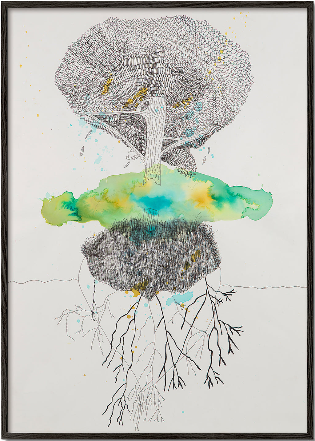 Botanical print tree and roots in ink and watercolor – Black Frame