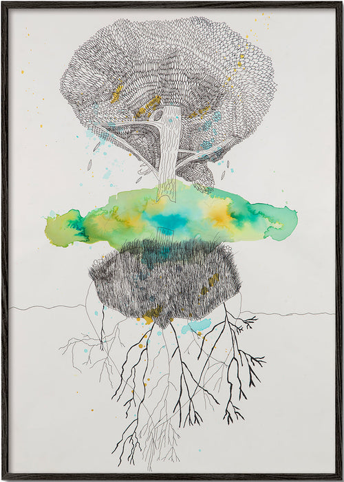 Botanical print tree and roots in ink and watercolor – Black Frame