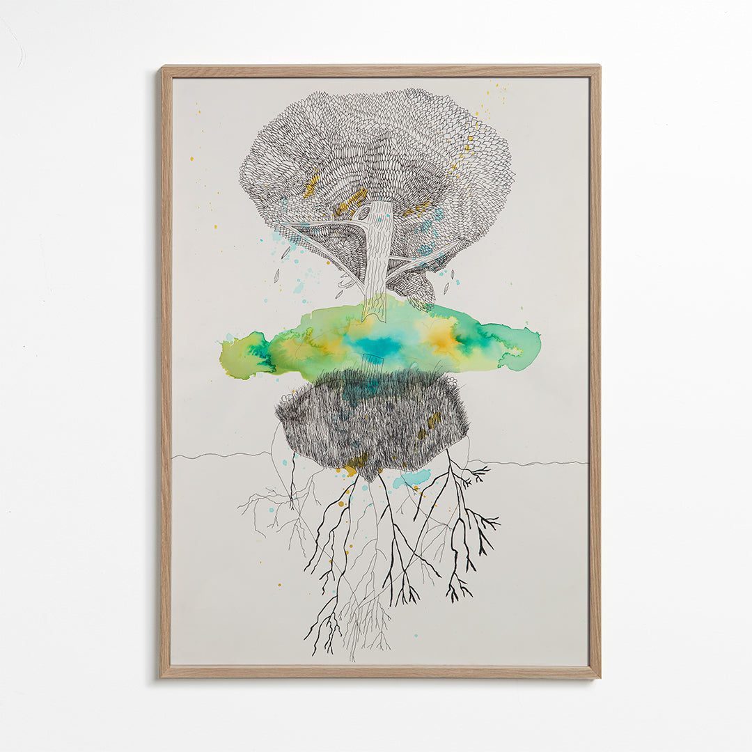 Botanical print tree and roots in ink and watercolor – Oak Frame