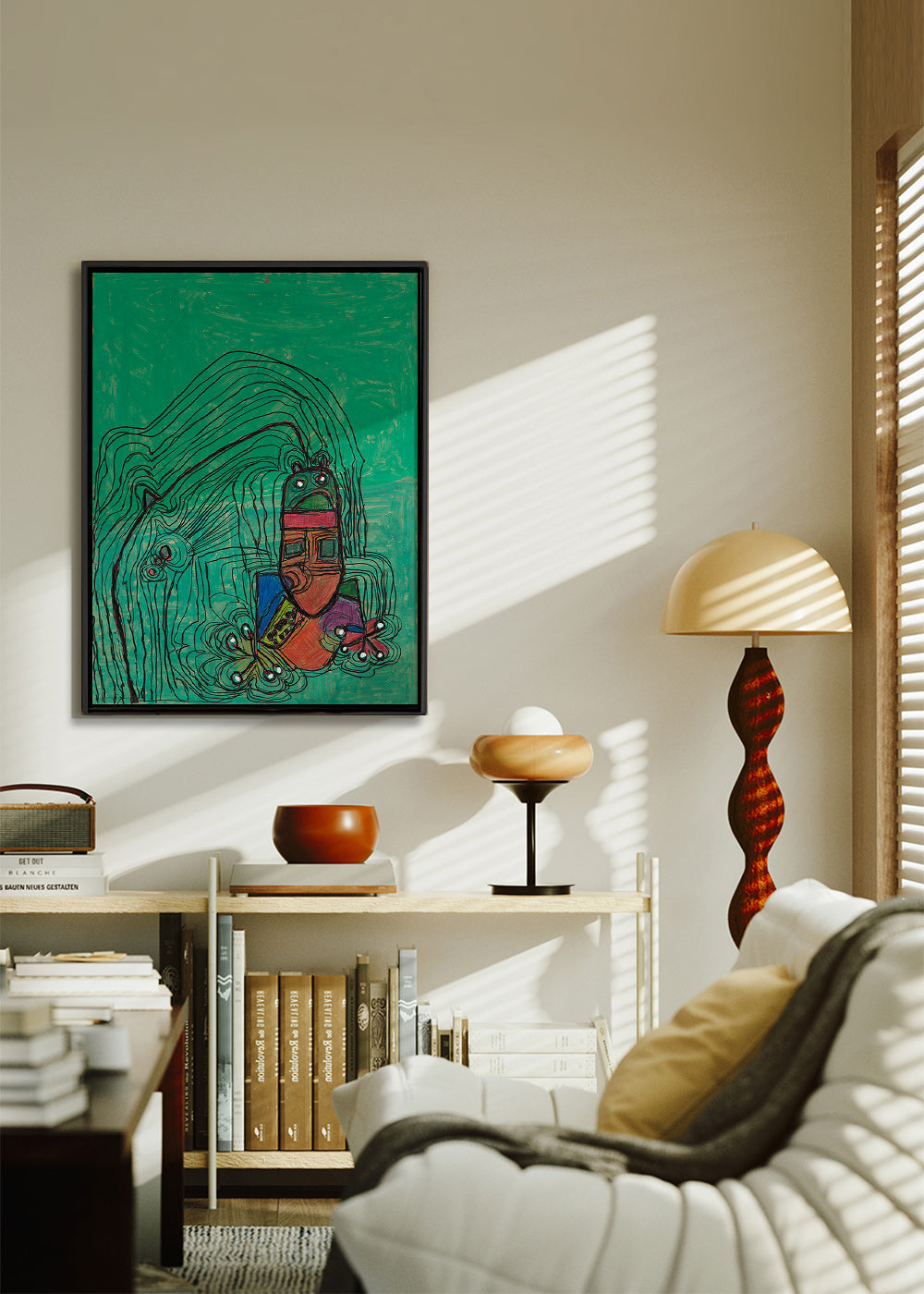 Playful illustration with character on green field – Canvas2