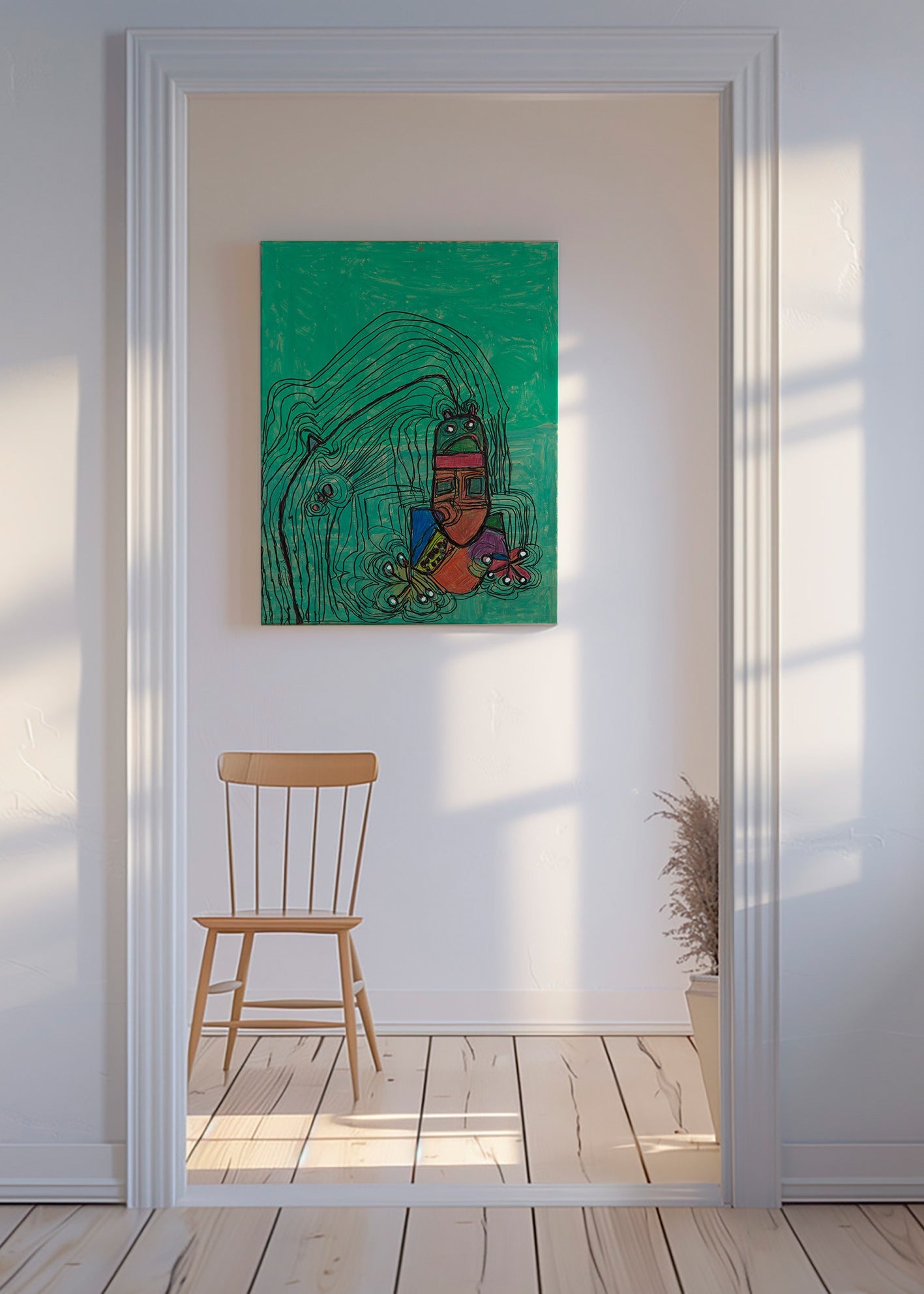 Playful illustration with character on green field – Canvas