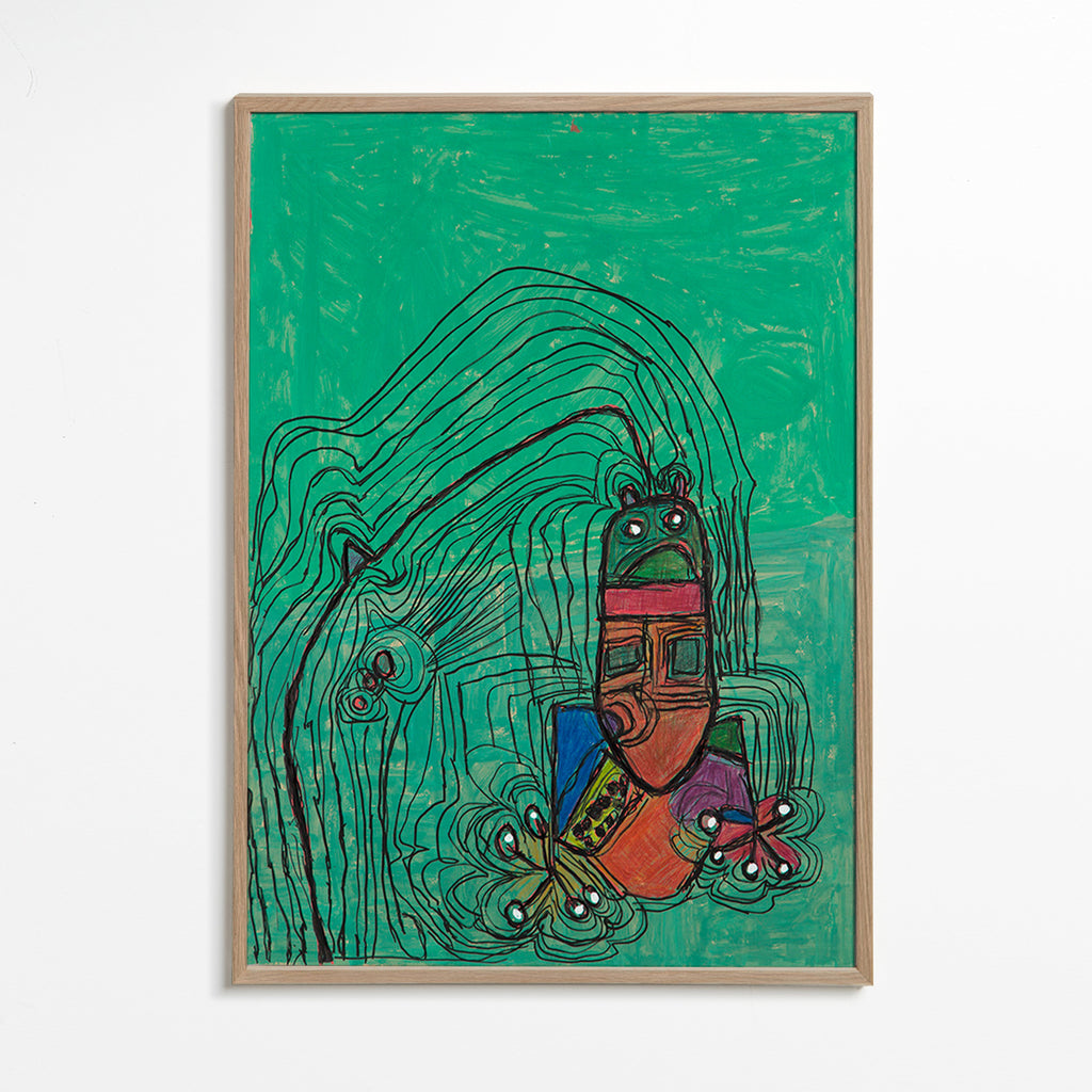 Playful illustration with character on green field – Oak Frame