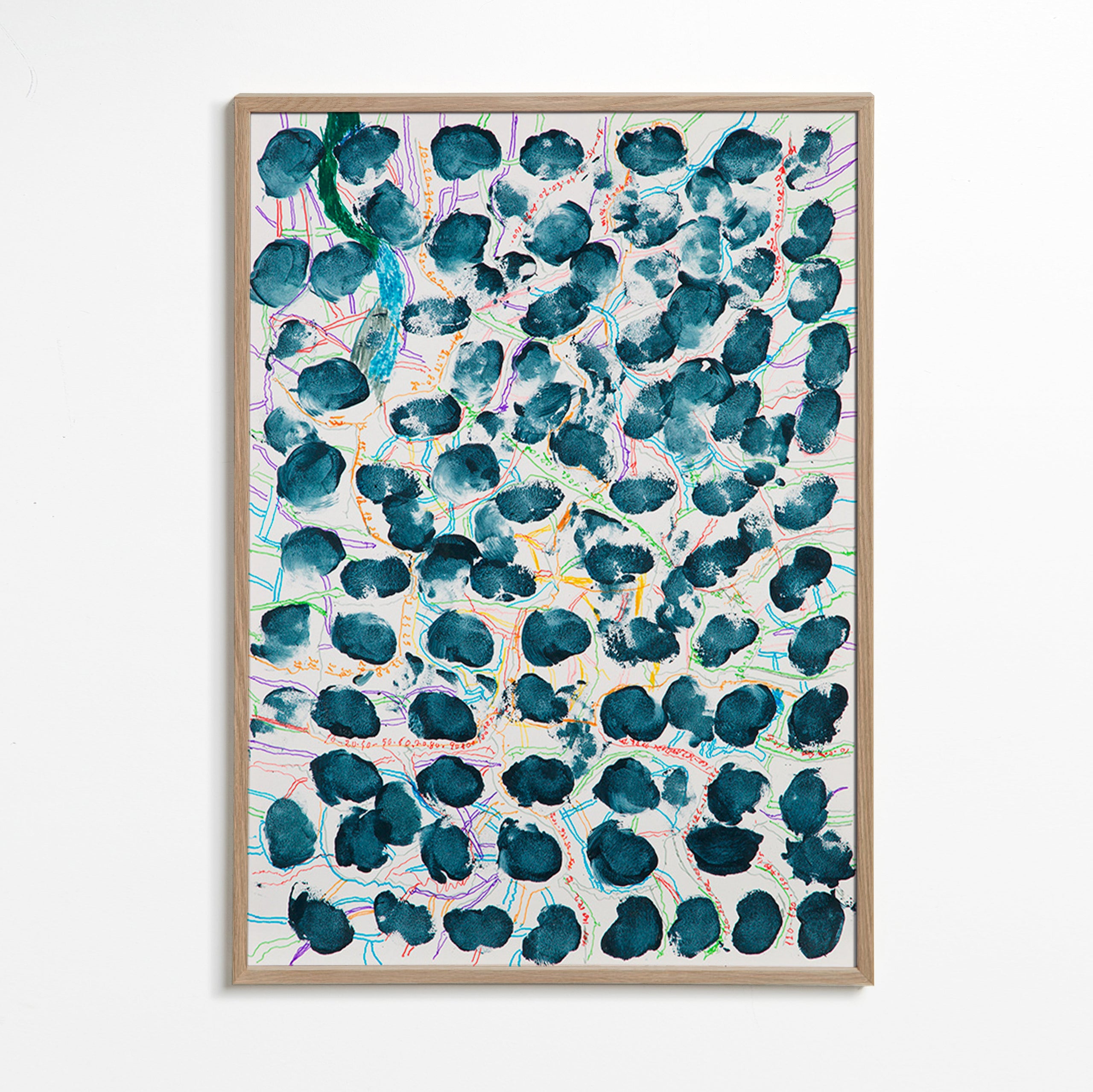 Abstract artwork with blue blotches – Oak Frame