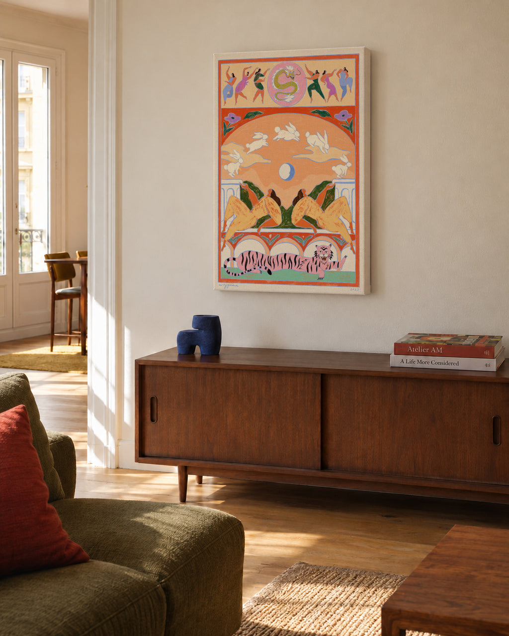 Rabbit Jumps Over the Moon - Unframed canvas in an interior