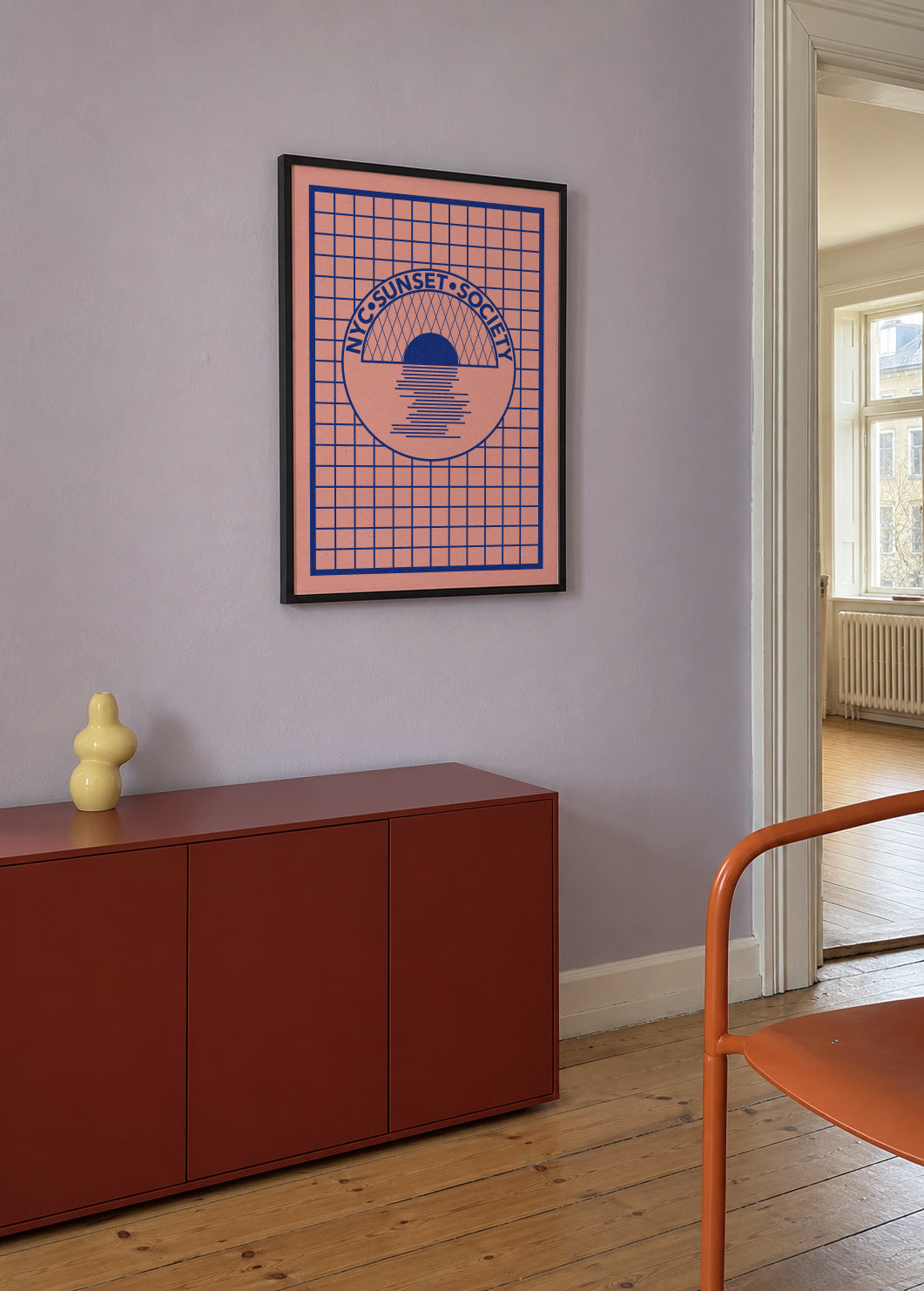 Nyc Sunset Society Blue - Framed poster in an interior